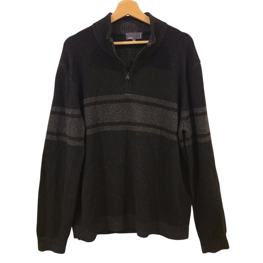 Vince Black and Grey Stripe Wool Cashmere Blend Quarter Zip Up Sweater Mens XL‎